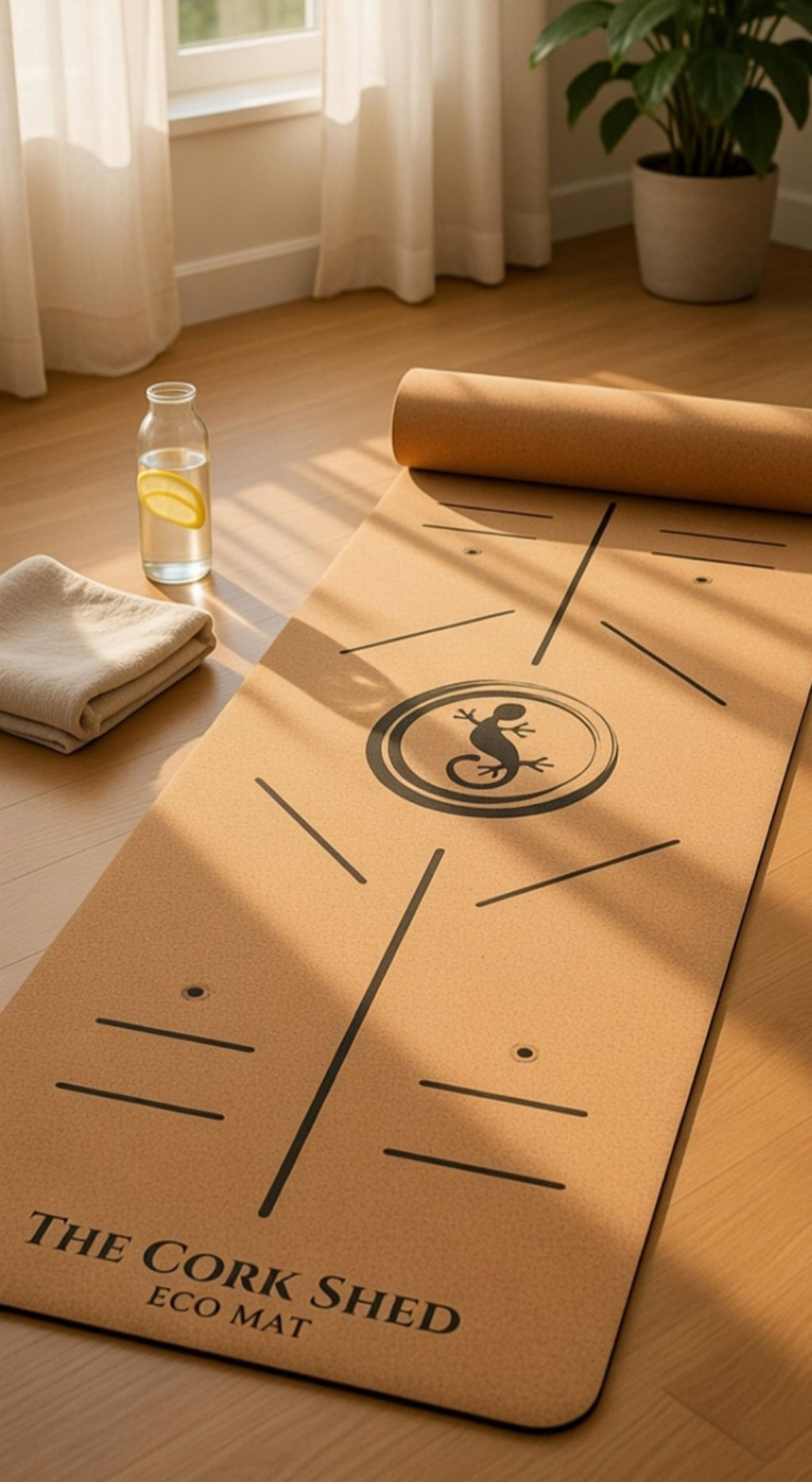 Cork mat with 'The Cork Shed' branding on a wooden floor.
