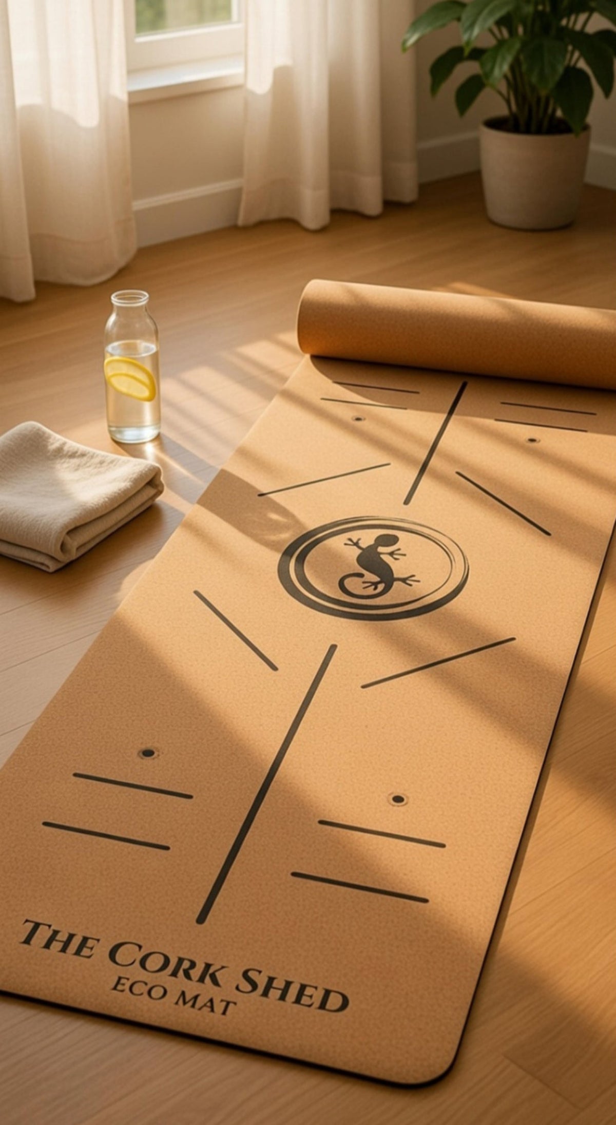 Cork mat with 'The Cork Shed' branding on a wooden floor.