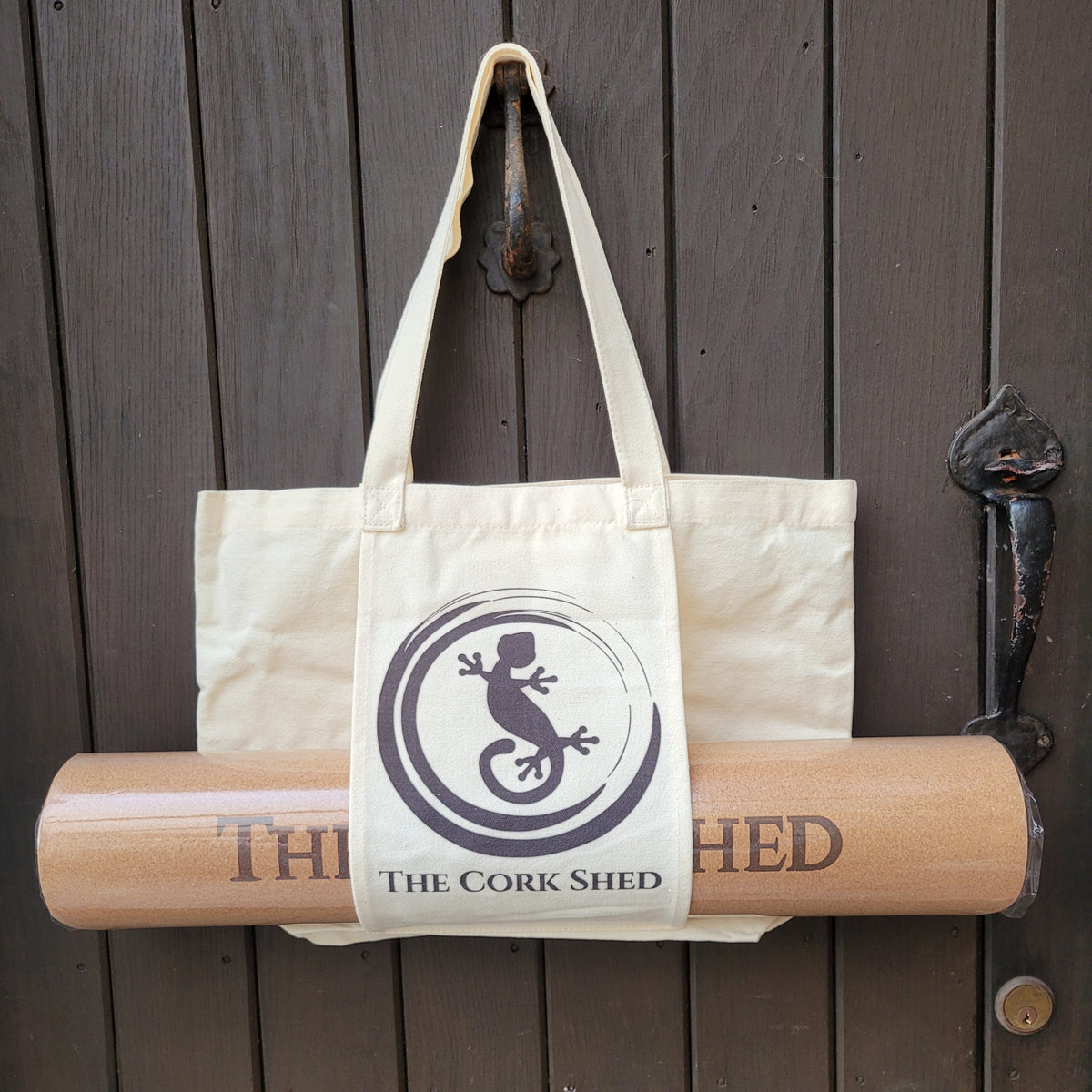 Canvas tote bag with cork yoga mat in